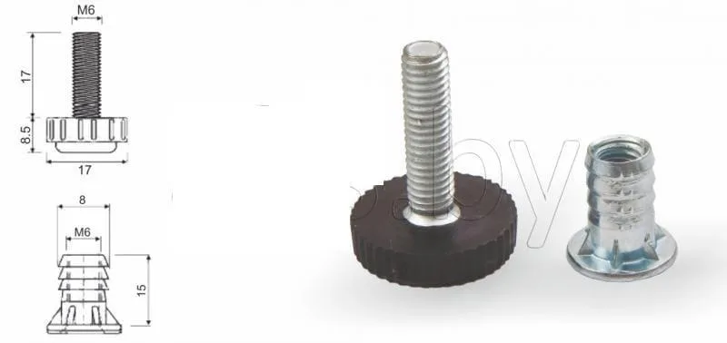 Подпятник регулируемый М6 установлен на мебель. Подпятник установлен на мебель