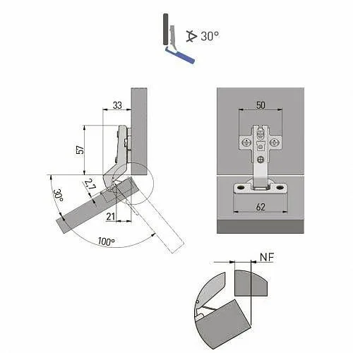 Петля накладная GTV +30 градусов с ответной планкой H-2 45мм без еврошурупа