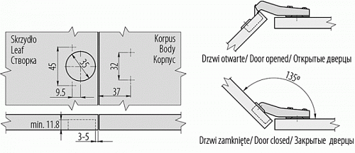 Петля накладная GTV +45 градусов с ответной планкой H-2 45мм без еврошурупа