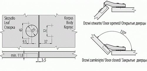 Петля GTV +45 градусов угловая с доводчиком с ответной планкой H-0 без еврошурупа CLIPON