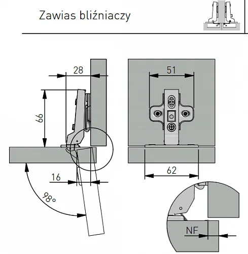 Петля полунакладная GTV БЕЗ пружины с ответной планкой H-0 45мм без еврошурупа CLIPON