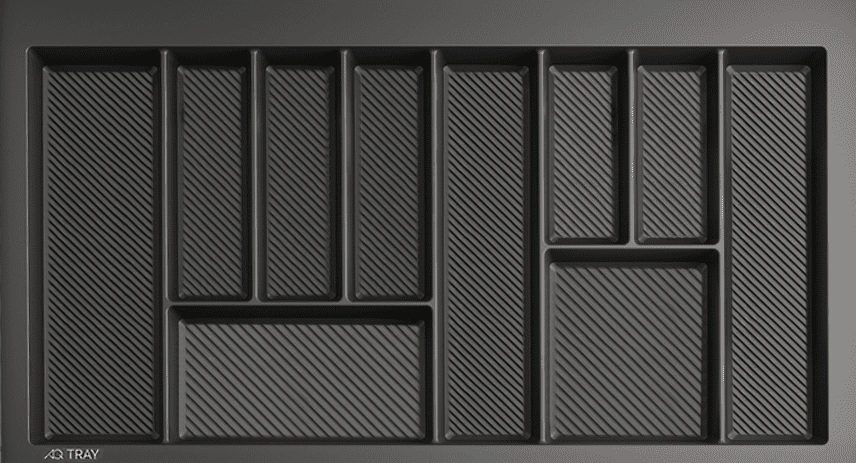 Лоток-вкладыш для столовых приборов, вид сверху и сбоку изображение лотка с разных ракурсов|