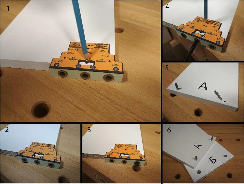 Использование мебельного шаблона для установки эксцентрика. Изображение процесса использования мебельного шаблона