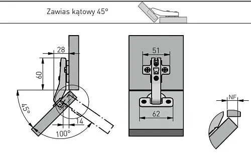 Петля накладная GTV +45 градусов БЕЗ пружины с ответной планкой H-2 45 мм с еврошурупом