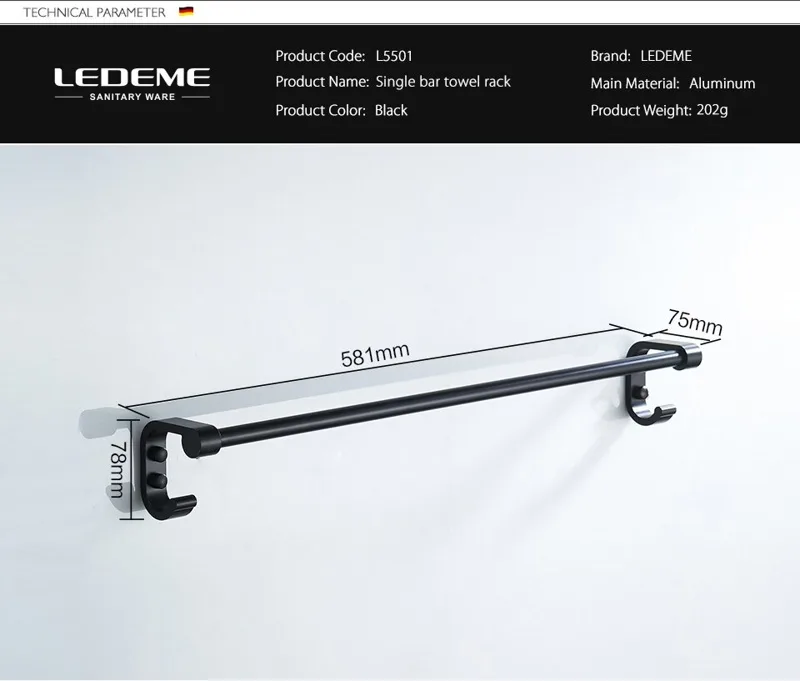 Держатель для полотенец Ledeme L5501 черный