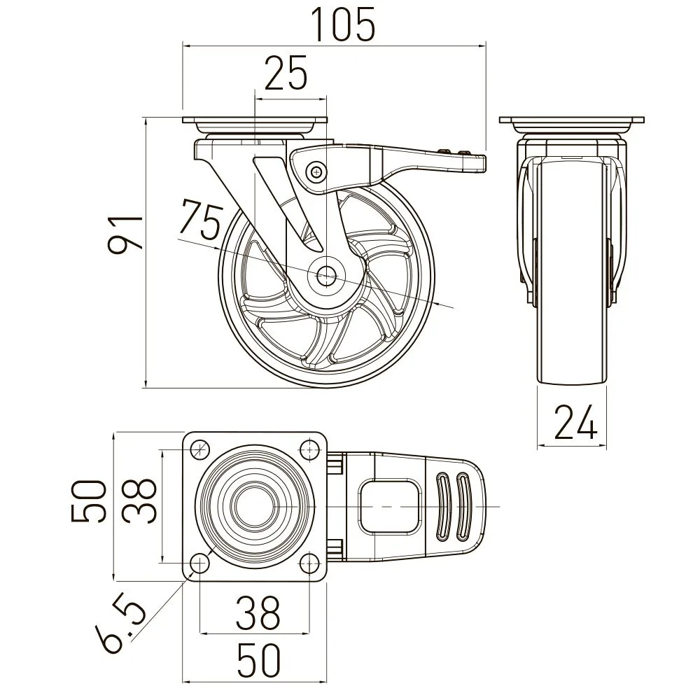 Мебельное колесо полиуретановое д.75 со стопом GTV