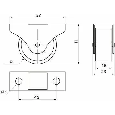Ролик прямоходящий Н-43 д. 40 с резиновым ободом в мебельной конструкции. Ролик установлен на мебельную конструкцию