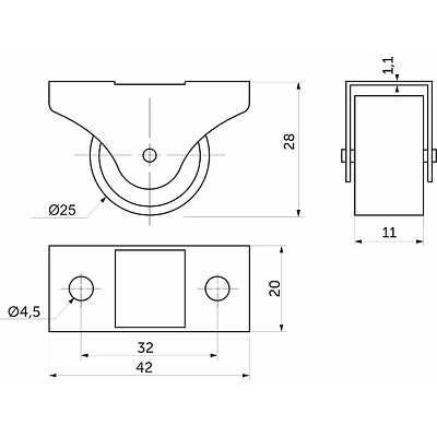 Ролик прямоходящий д.25 Н28 мм черный