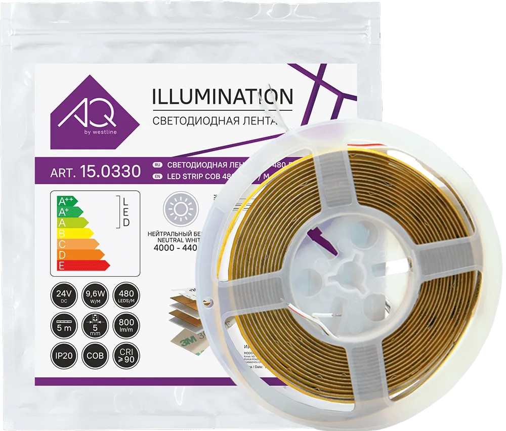 ЛЕНТА светодиодная AQ LED-LINE COB 480 LED 24V 9,6W/м 5 мм IP20 нейтральный  белый 5 м (15.0301С)