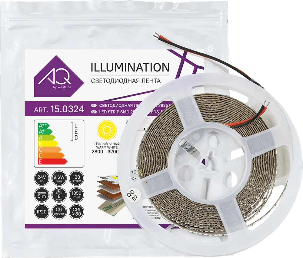 ЛЕНТА светодиодная AQ LED-LINE 2835 120 LED/м 24V 9,6W/м 8 мм IP20 теплый белый 5 м (15.0038)