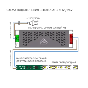 Выключатель AQ SWITCH сенсорный с диммером для установки в профиль 12/24V 60/120W