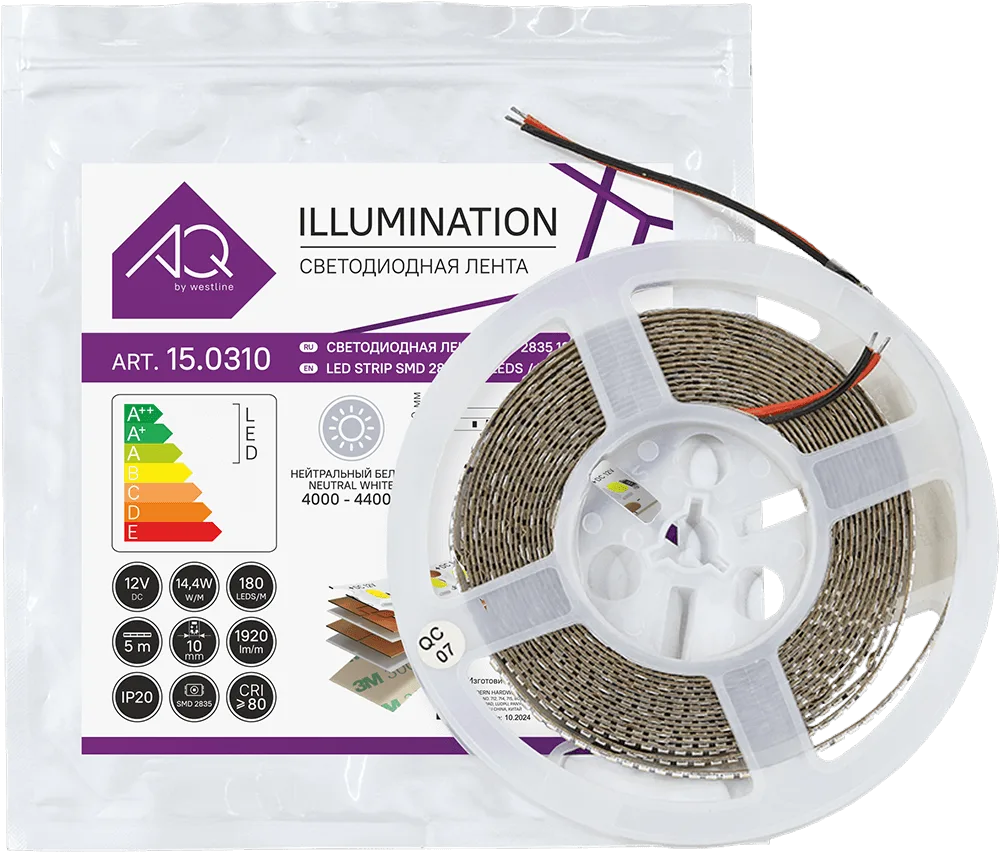 Лента светодиодная AQ LED-LINE 2835 180 LED/м 12V 14,4W/м 10 мм IP20 нейтральный белый 5 м (15.0018)