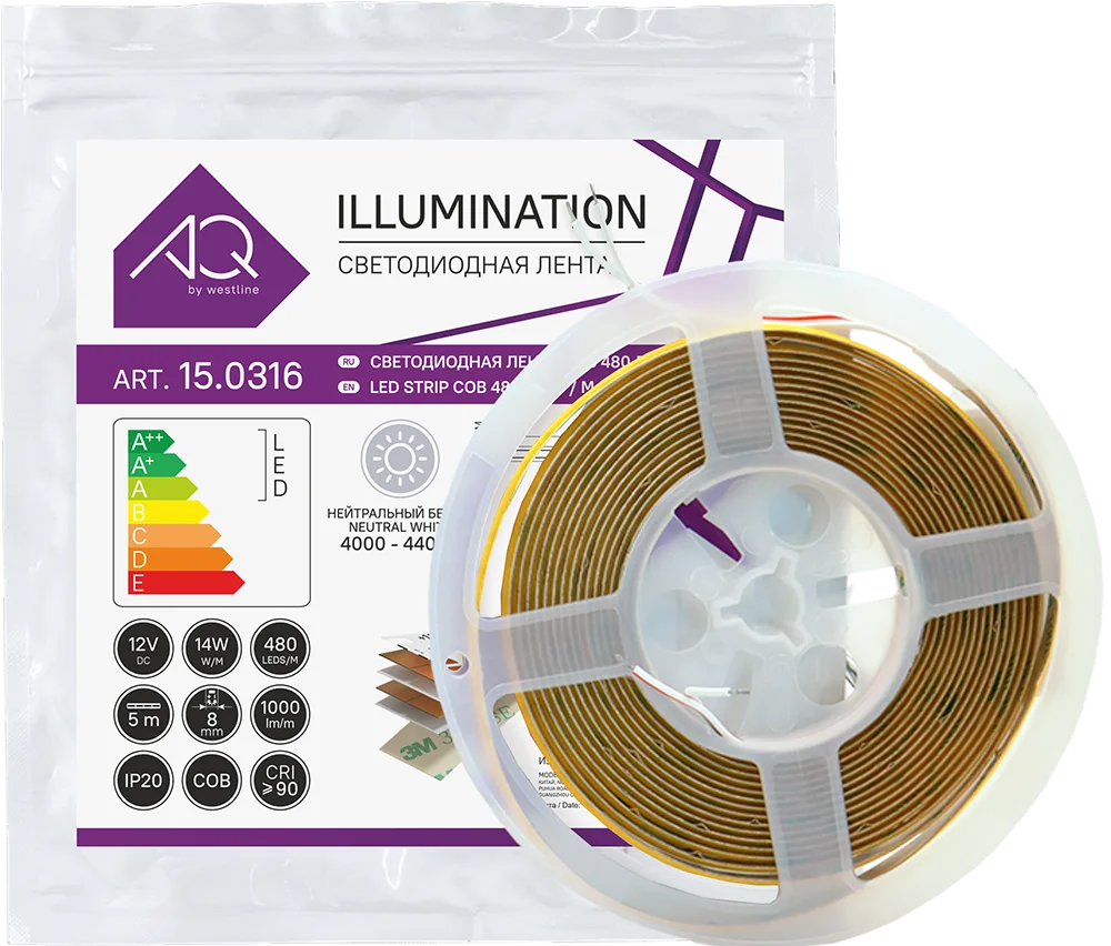 Лента светодиодная AQ LED-LINE COB 480 LED/м 12V 14W/м 8 мм IP20 нейтральный  белый 5 м (15.0029)