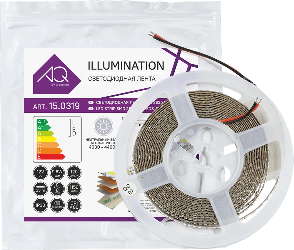 Лента светодиодная AQ LED-LINE 2835 120 LED 12V 9,6W/м 8 мм IP20 нейтральный белый 25 м (15.0041)