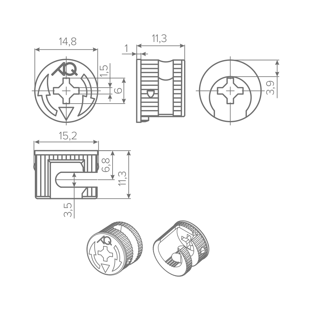 Эксцентрик AQ X-CENTRIC 15 стальной H=11,3 мм для ДСП 16 мм (1000 шт.)