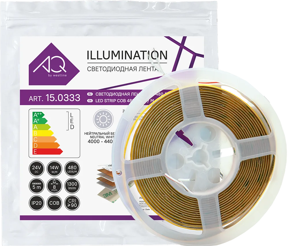 ЛЕНТА светодиодная AQ LED-LINE COB 480 LED/м 24V 14W/м 8 мм IP20 нейтральный  белый 5 м (15.0030)