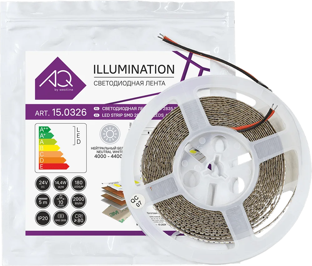 ЛЕНТА светодиодная AQ LED-LINE 2835 180 LED/м 24V 14,4W/м 10 мм IP20 нейтральный белый 5 м (15.0021)