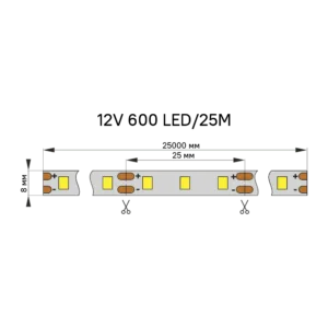 Лента светодиодная AQ LED-LINE 2835 120 LED 12V 9,6W/м 8 мм IP20 нейтральный белый 25 м (15.0041)
