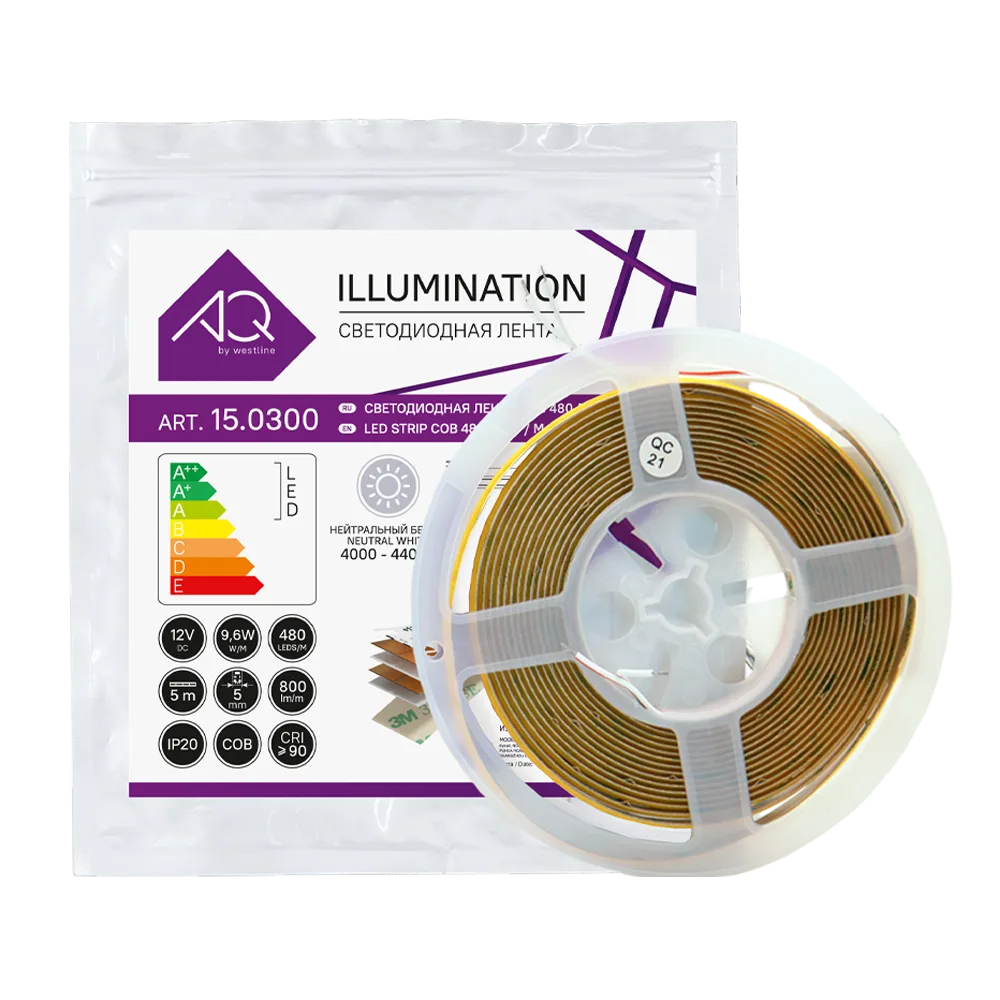 Лента светодиодная AQ LED-LINE COB 480 LED 12V 9,6W/м 5 мм IP20 нейтральный  белый 5 м (15.0300)