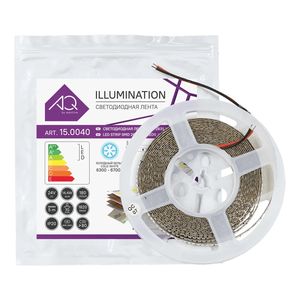 ЛЕНТА светодиодная AQ LED-LINE 2835 180 LED/м 24V 14,4W/м 10 мм IP20 холодный белый 5 м