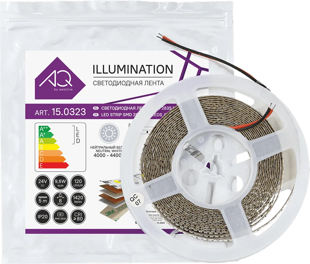 ЛЕНТА светодиодная AQ LED-LINE 2835 120 LED/м 24V 9,6W/м 8 мм IP20 нейтральный белый 5 м (15.0020)