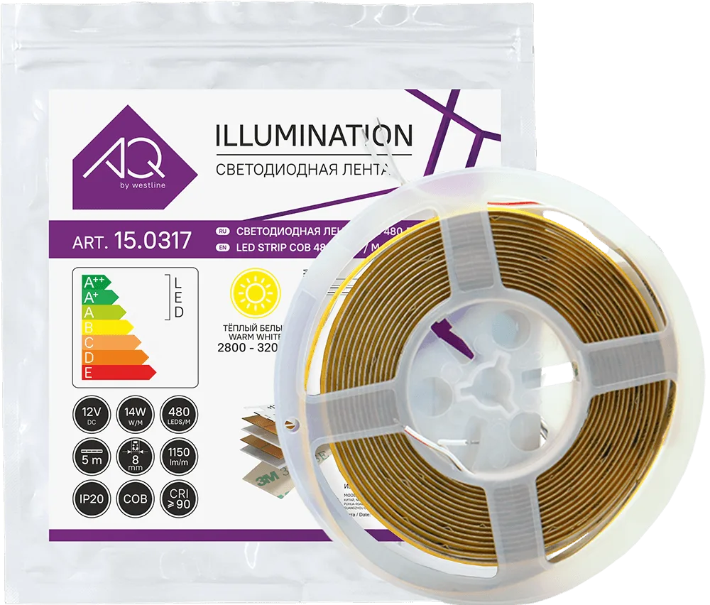 Лента светодиодная AQ LED-LINE COB 480 LED/м 12V 14W/м 8 мм IP20 теплый белый 5 м (15.0031)
