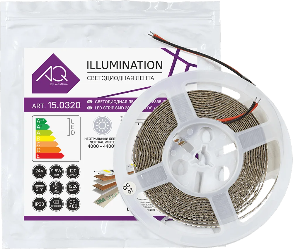 ЛЕНТА светодиодная AQ LED-LINE 2835 120 LED/м 24V 9,6W/м 5 мм IP20 нейтральный белый 5 м (15.0019)