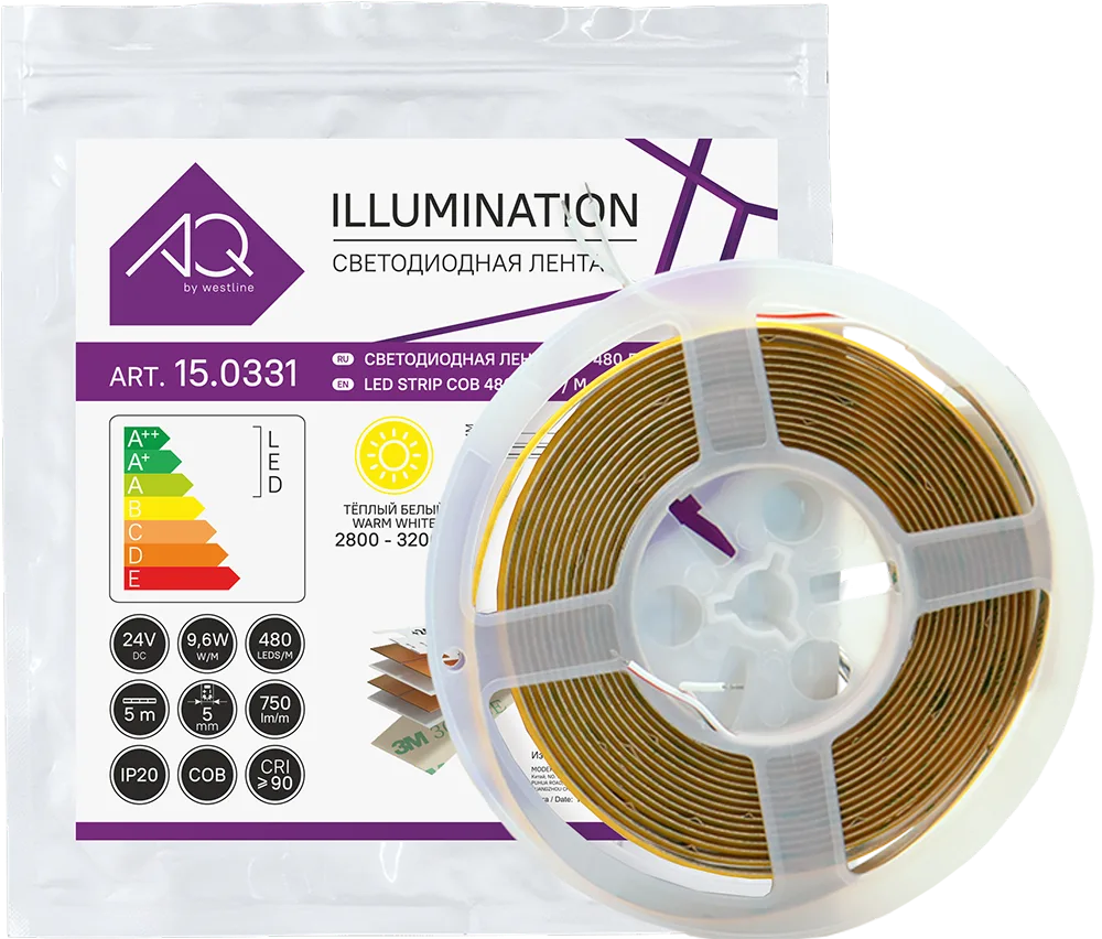 ЛЕНТА светодиодная AQ LED-LINE COB 480 LED 24V 9,6W/м 5 мм IP20  теплый белый 5 м (15.0303С)
