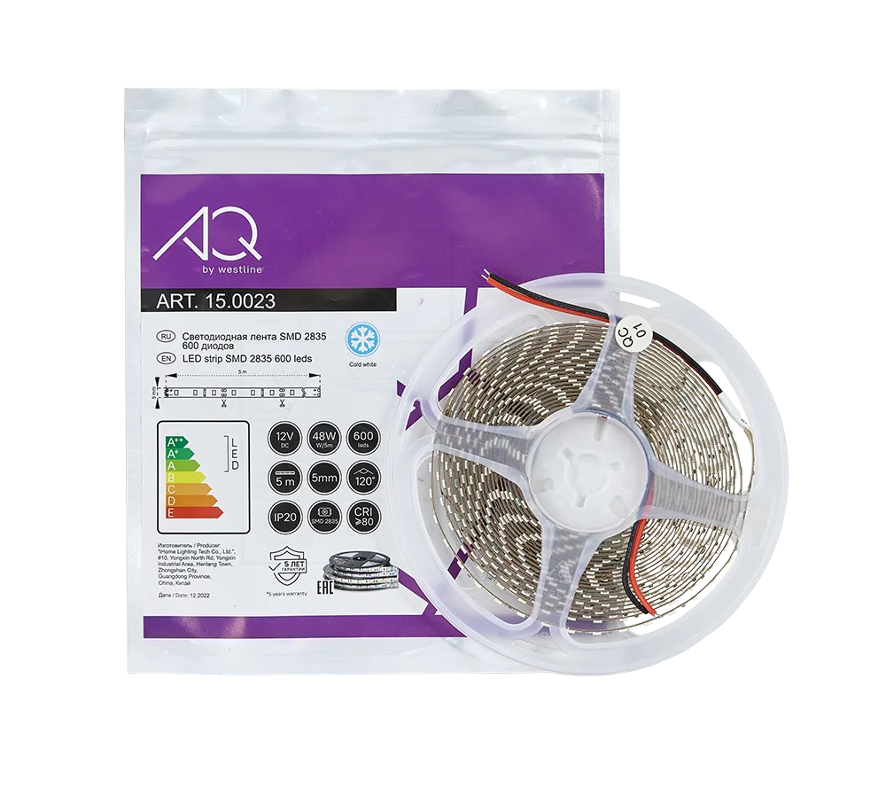 Лента светодиодная AQ LED-LINE 2835 120 LED/м 12V 9,6W/м 5 мм IP20 холодный белый 5 м