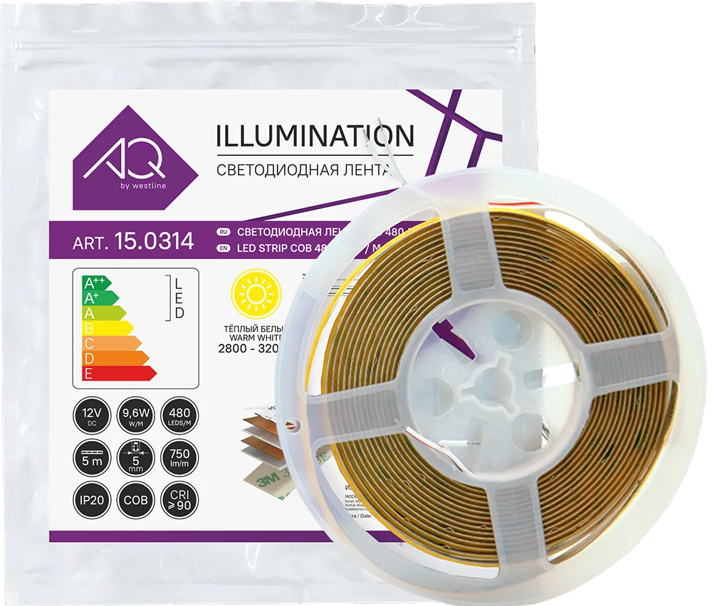 Лента светодиодная AQ LED-LINE COB 480 LED 12V 9,6W/м 5 мм IP20 теплый белый 5 м (15.0302С)