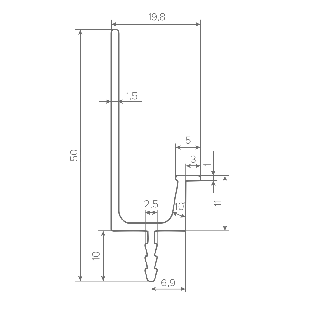 Ручка-профиль торцевая AQ J-line (ДСП+стекло) 5000 мм алюминий