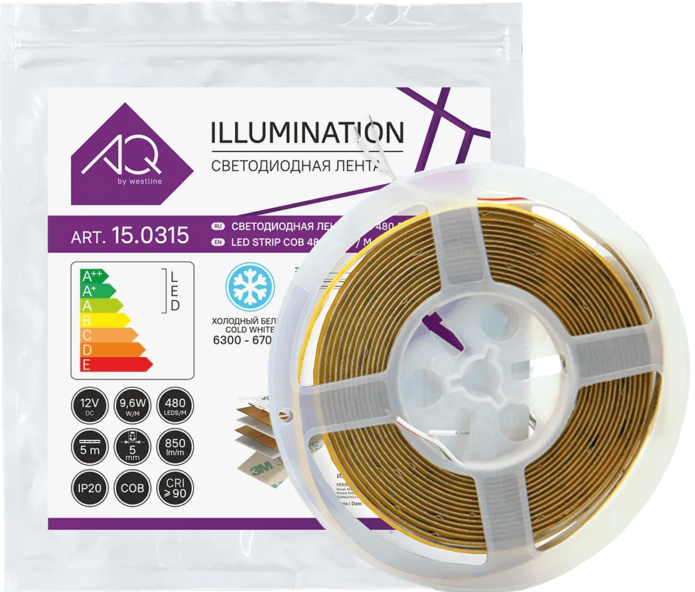 Лента светодиодная AQ LED-LINE COB 480 LED 12V 9,6W/м 5 мм IP20 холодный белый 5 м (15.0304С)