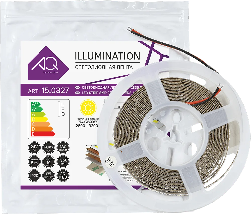 ЛЕНТА светодиодная 2835, 180 LED/м, 24V, 14,4W/м, 10 мм, IP20, теплый белый, AQ (15.0035)
