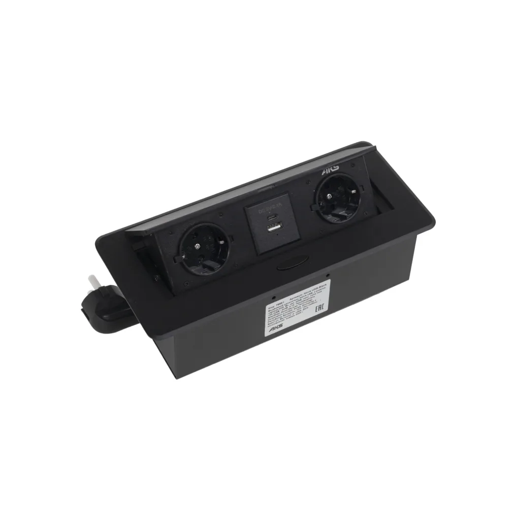 Выдвижной удлинитель Nova USB, 2 розетки, USB A + USB C, черный, AKS