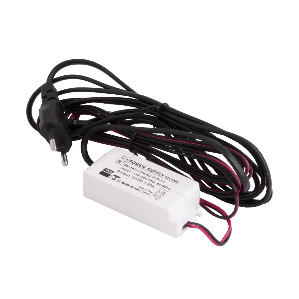 Блок питания Ultra 15W/12V с вилкой и миниконнектором (по 2 м), AKS