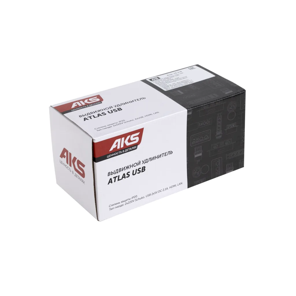 Выдвижной удлинитель Atlas USB, 2 розетки, USB A + C, HDMI, LAN, шлиф. сталь, AKS