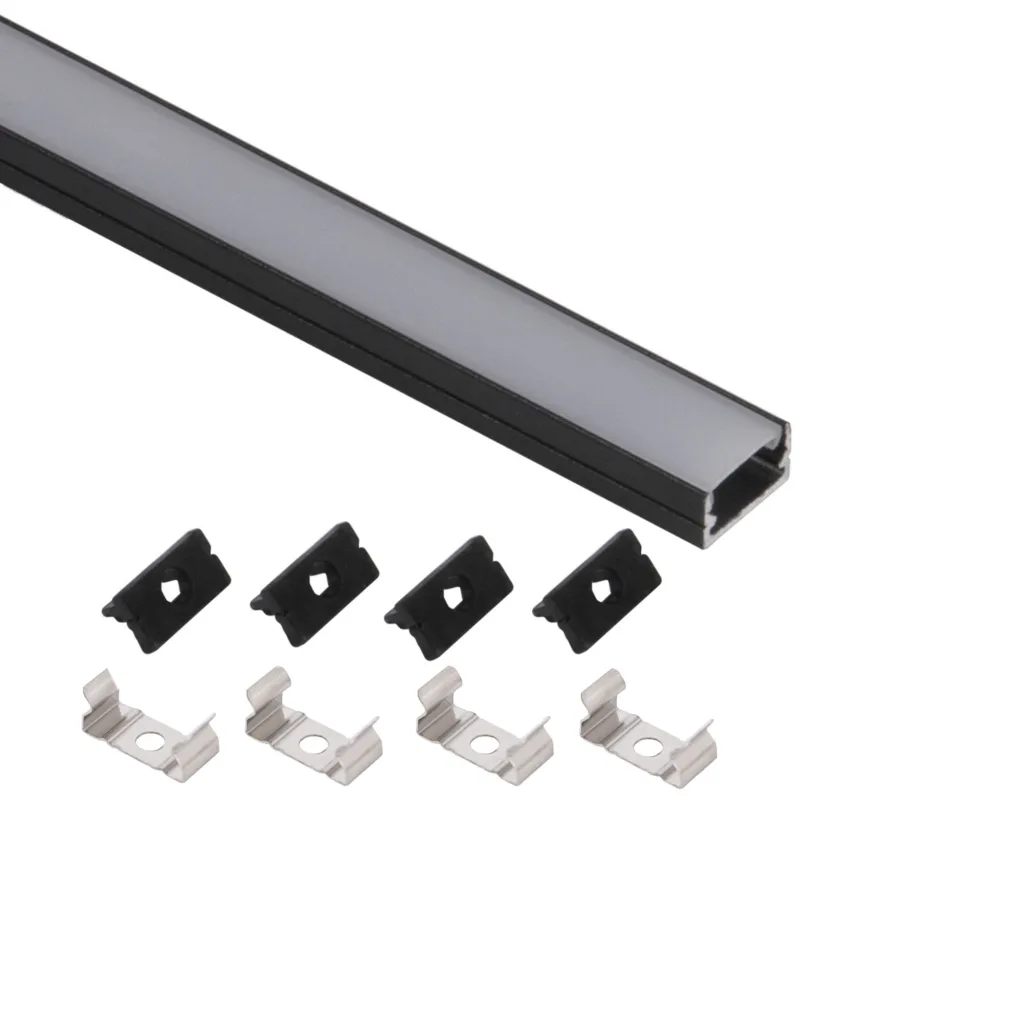 Профиль алюминиевый накладной SIRIUS-1407S с экраном, цвет черный, 2м, AKS (в комплекте 4 заглушки и 4 крепления)