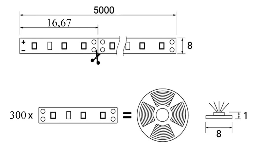 Лента светодиодная - 14,4W/m, 12V, 8мм, 2835, 180 д/м, IP20, нейтральный белый (4000K), CRI>80, 1600 Lm, 5м, AKS