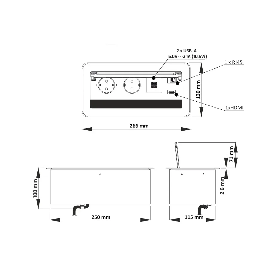 Выдвижной удлинитель Atlas USB, 2 розетки, 2xUSB A, HDMI, LAN, черный, AKS