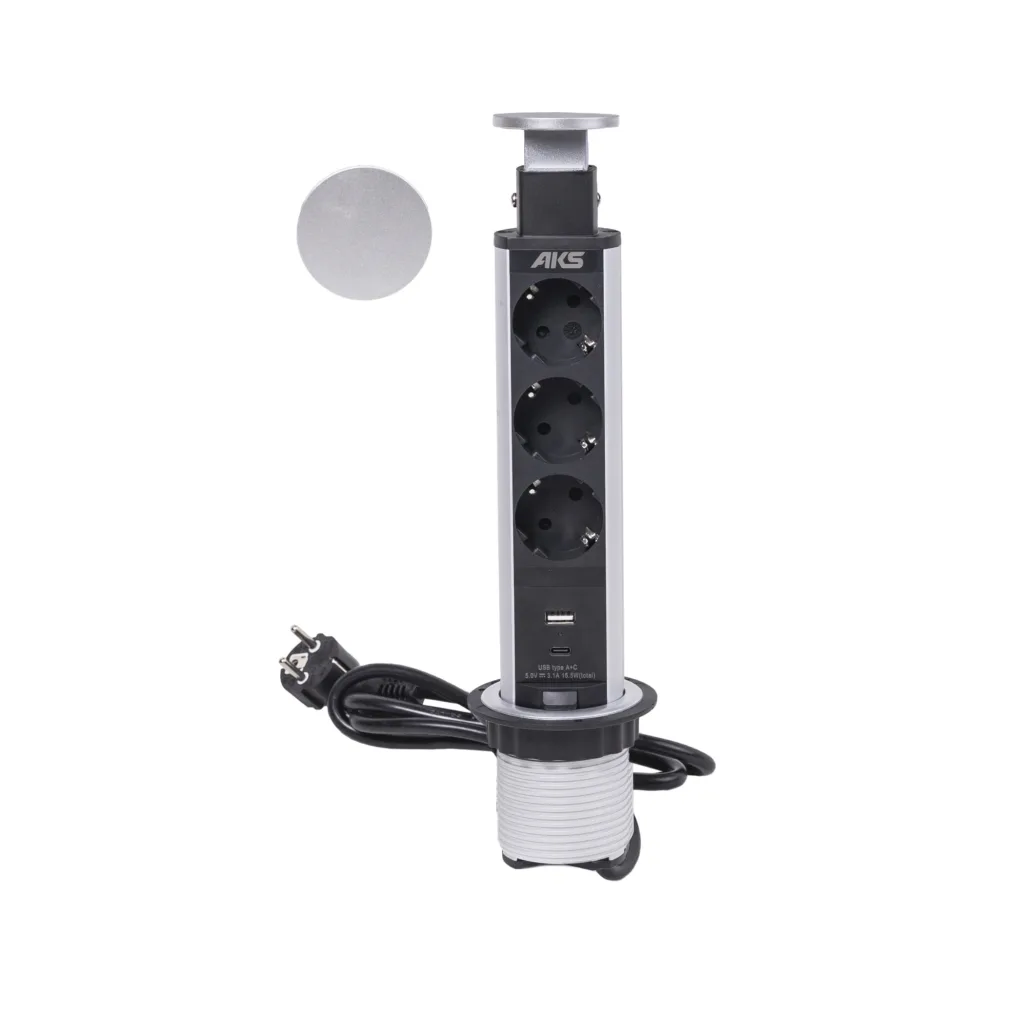 Выдвижной удлинитель Vulcan USB, 60 мм, 3 розетки, USB A + USB C, крышка пластик, алюминий, AKS