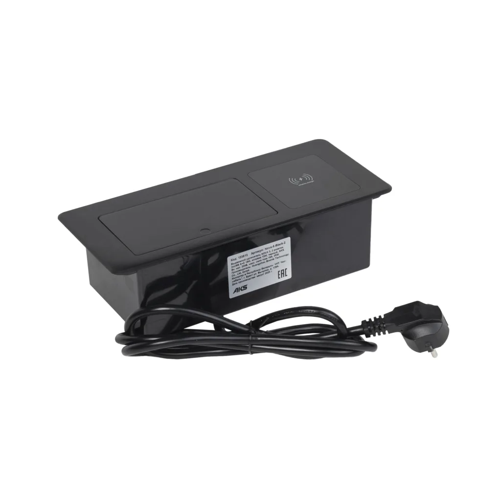 Выдвижной удлинитель Nova 5, 2 розетки, USB A + C, беспроводная зарядка, черный, AKS