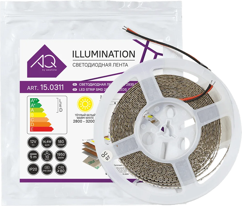 Лента светодиодная AQ LED-LINE 2835 180 LED/м 12V 14,4W/м 10 мм IP20 теплый белый 5 м (15.0026)