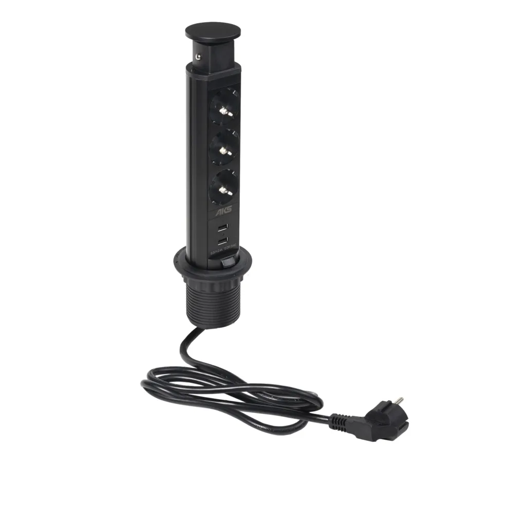 Выдвижной удлинитель Vulcan USB, 60 мм, 3 розетки 2xUSB A, крышка пластик, цвет черный, тип 2, AKS