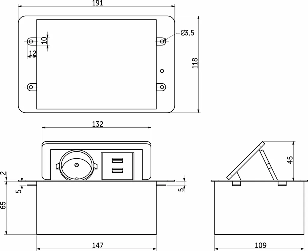 Выдвижной удлинитель Nova 4, 1 розетка, 2xUSB, черный, AKS