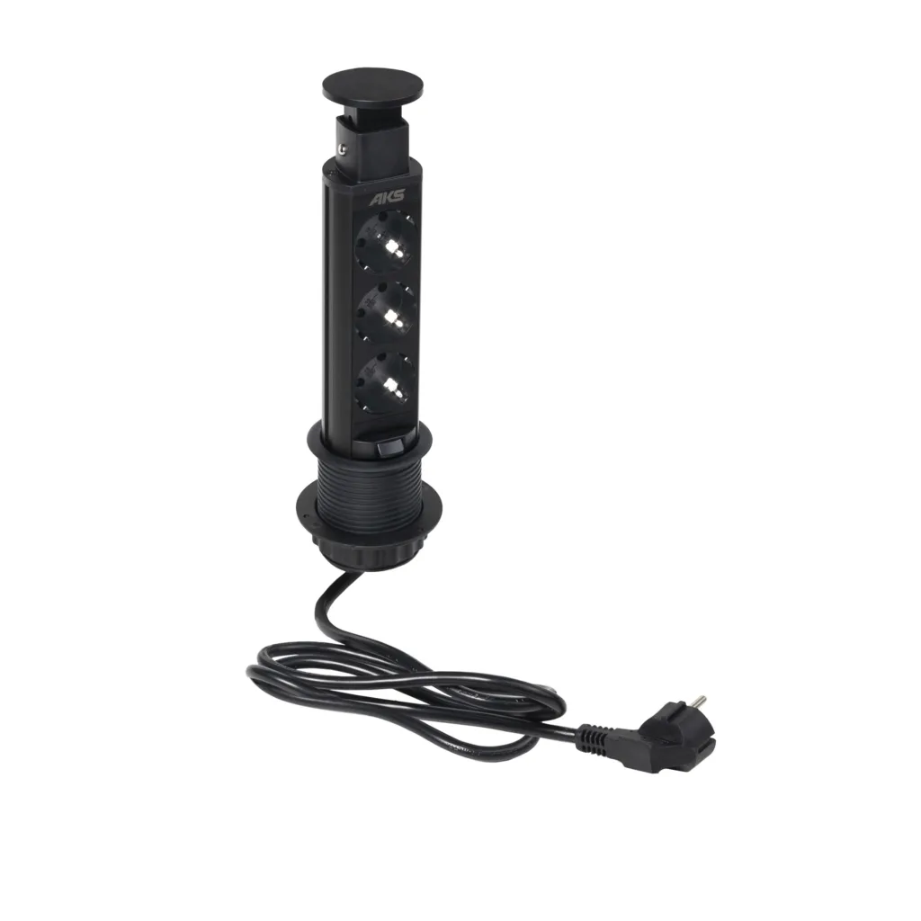 Выдвижной удлинитель Vulcan, 60 мм, 3 розетки, крышка пластик, цвет черный, тип 2, AKS