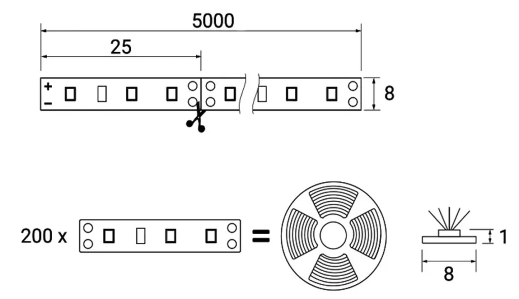 Лента светодиодная - 9,6W/m, 12V, 8мм, 2835, 120 д/м, IP20, теплый белый (3000K), CRI>70, 950 Lm, 5м, TE
