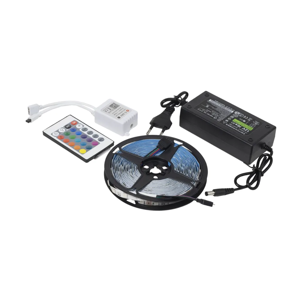 Лента светодиодная RGB - 9W/m, 12V, 10мм, 5050, 54 д/м, IP20, цветная - 5м, + блок питания + контроллер, AKS