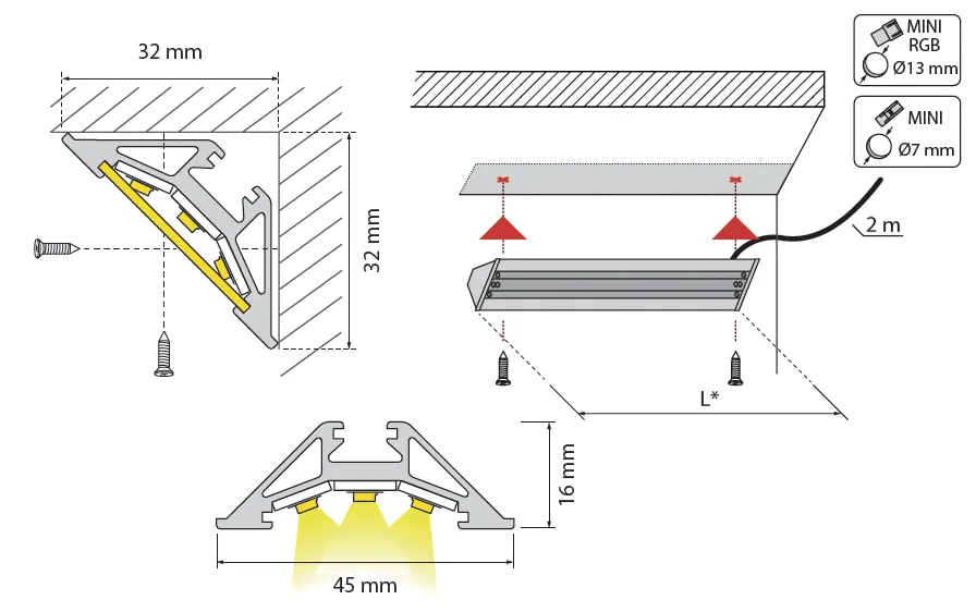 Профиль алюминиевый угловойTri-Line (Starline Opal) (длина 2м), HLT
