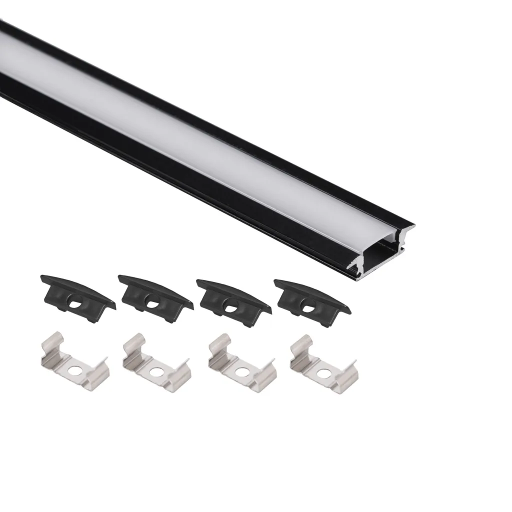 Профиль алюминиевый врезной LIRA-1707 с экраном, цвет черный, 2м, AKS (в комплекте 4 заглушки и 4 крепления)