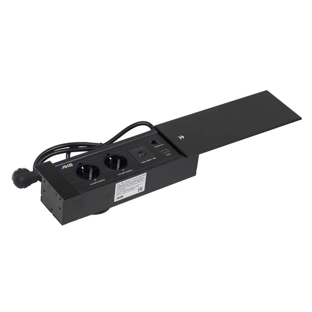 Выдвижной удлинитель Hollander, 2 розетки, 2xUSB, HDMI, LAN, черный AKS